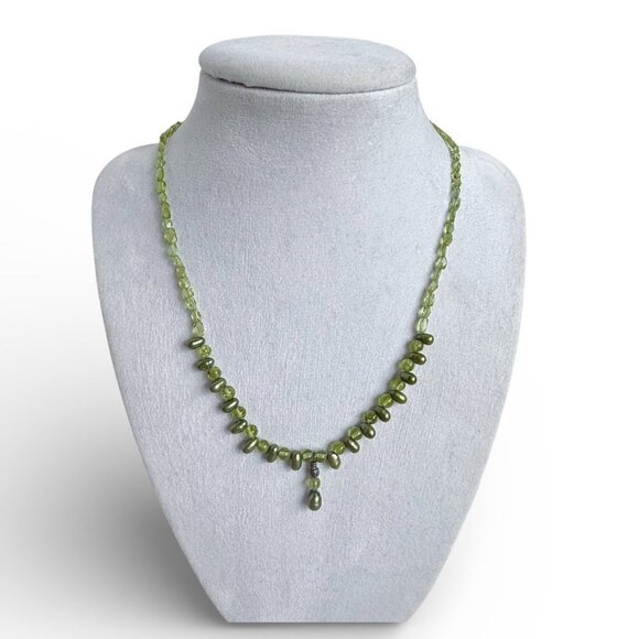 Vintage Jewelry - Green Glass Crystal Bead Freshwater Pearl Necklace 925 Silver